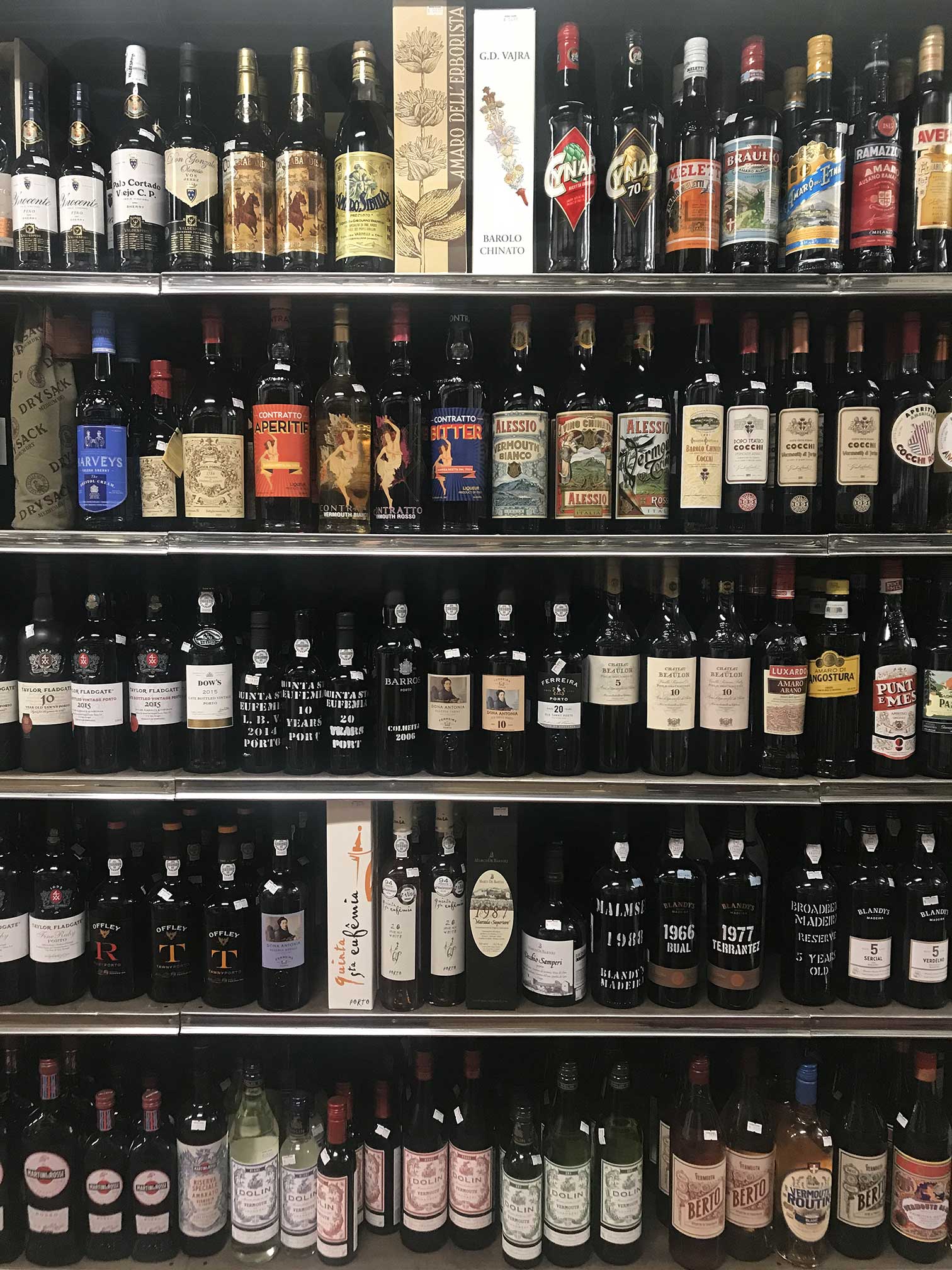 bitters, port and vermouth shelf