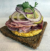 Ham and Pickle Danish open sandwich with sweet smoked ham and German horseradish mustard